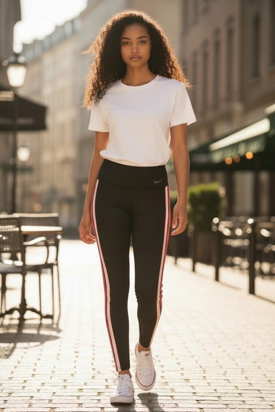 Nike Dri-FIT Women's High Rise Leggings Black‎ Red White Blue Stripe Size Large